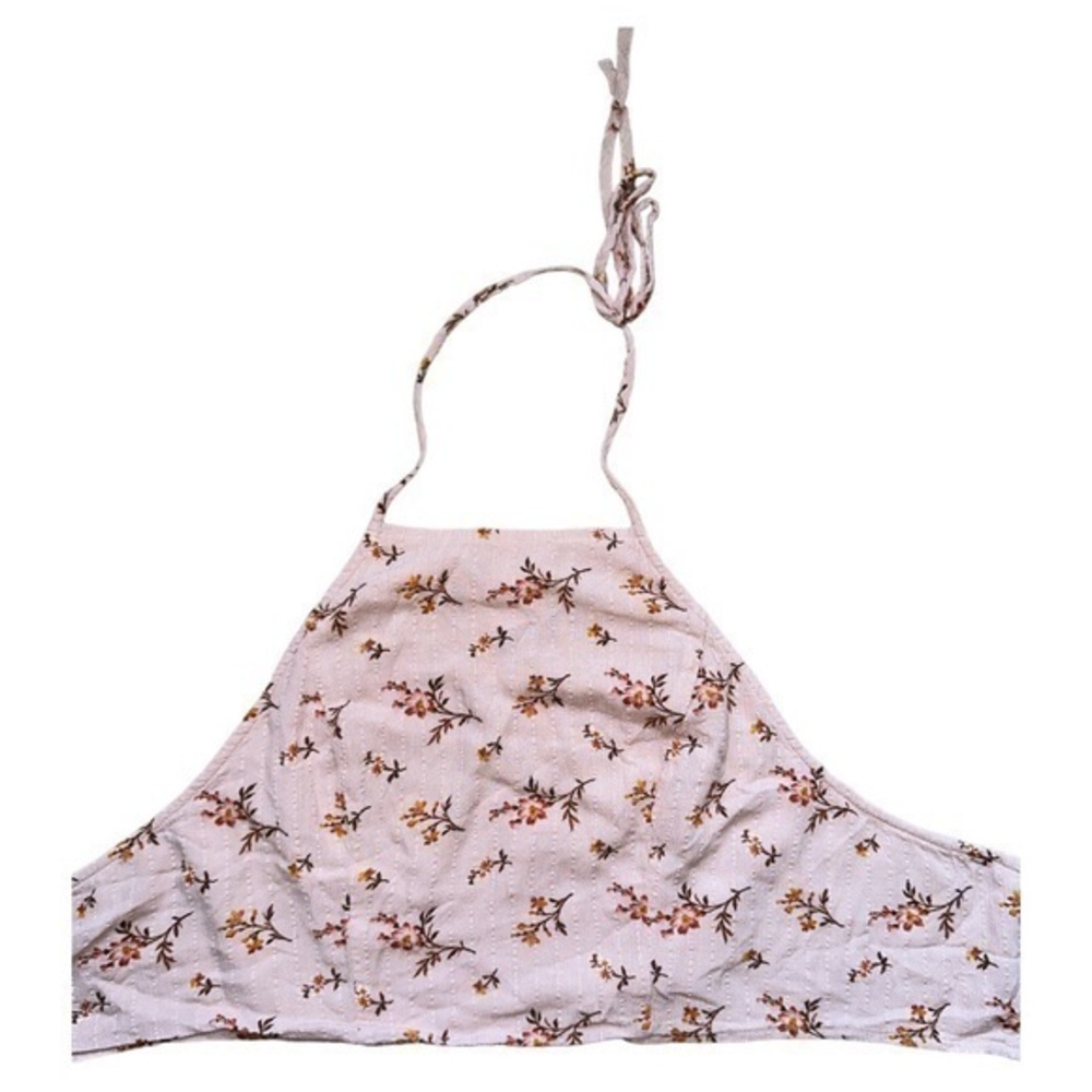 American Eagle, size medium, pink floral crop top, strapless, ties behind neck